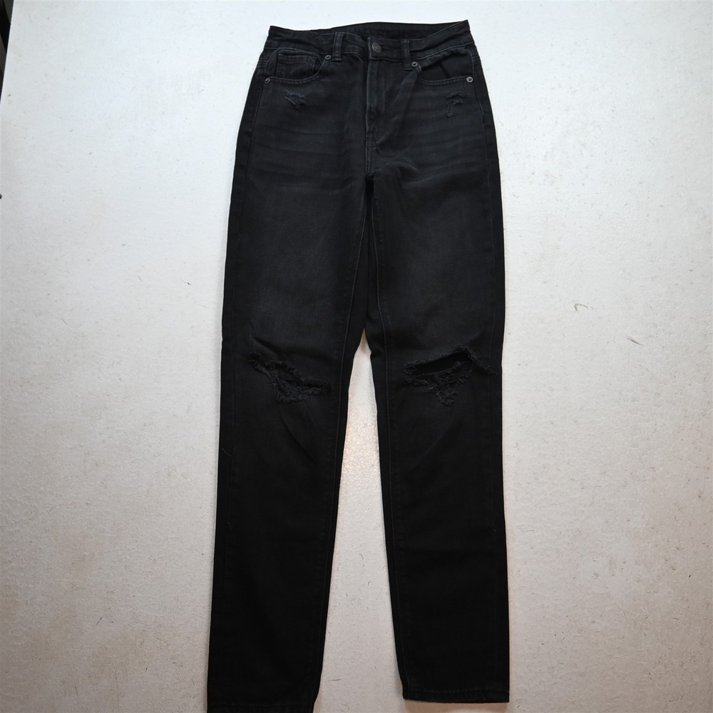 American Eagle 00 Long Mom Loose Tapered Black Destroyed Womens Jeans